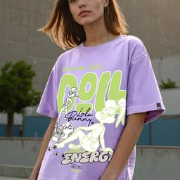 Bewakoof Women Looney Tunes Graphic Printed Round Neck Cotton Oversized T-shirt-picture-16