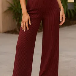 Fabflee Women Pack of 3 Wide Leg Mid-Rise Flat-Front Cotton Parallel Trousers-image-12