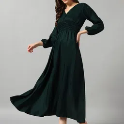 Raiyani Enterprise Women V-Neck Puff Sleeves Crepe Fit & Flare Midi Dress-image-99
