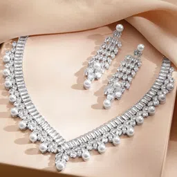 Rubans Voguish Rhodium-Plated Cubic Zirconia Pearl-Studded Jewellery Set-picture-24