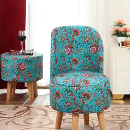 NACIA Blue & Pink Printed Wooden & Velvet Chair Pouffes Stool Ottomans-picture-14