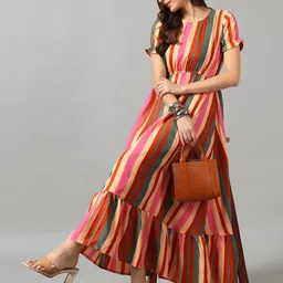 Raiyani Enterprise Women Striped Square Neck Fit & Flare Midi Dress-image-79