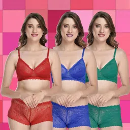 samvar Women Red,Blue,Green Cotton Bra Panty Set for Lingerie Set Undergarments Pack of 3-picture-11