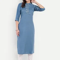 4u Fashion Women Blue Cotton Solid Straight Kurtas image 1