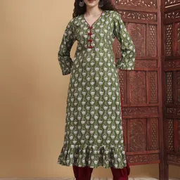 SUFIZA LIFESTYLE Women Ethnic Motifs Hand Block Printed Frill style Kurta-image-83