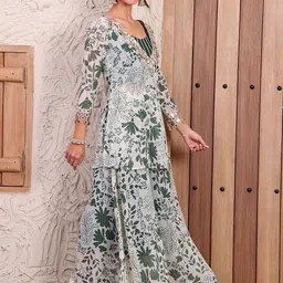 DEEBACO Floral Printed V-Neck Pure Chiffon Tunic With Palazzos image 2