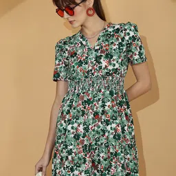 De La Moda Floral Print Puff Sleeve Crepe Fit & Flare Midi Dress image 3
