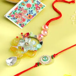 Sangria Stones Studded & Beaded Bhaiya Bhabhi Rakhi With Roli Chawal Chandan & Mishri-picture-39