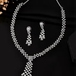 VOJ Stainless Steel Silver Plated Cubic Zirconia Stone Studded Jewellery Set-image-7