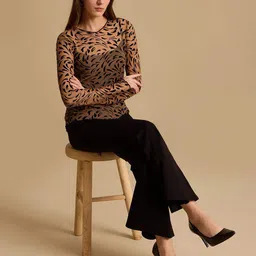 Kazo Women Round Neck Long Sleeves Semi Sheer Top image 3