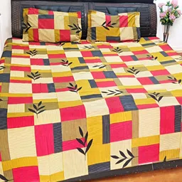 V.R.ENTERPRISES Yellow & Red Geometric 210 TC Queen Bedsheet with 2 Pillow Covers image 1
