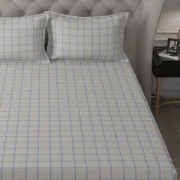 MASPAR Blue & Cream Colored Checked Pure Cotton 144 TC King Bedsheet Set 2.24 m x 2.75 m image 2