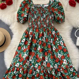 DEKLOOK Girls Printed Smocked Puff Sleeves Midi Dress image 3