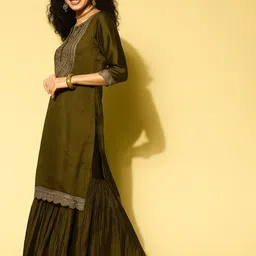 SHREE LAXMINARAYAN EXPORT Floral Yoke Design Thread Work Kurta With Sharara & Dupatta image 4