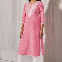Anouk Pink & White Floral Embroidered Round Neck Straight Kurta-picture-13
