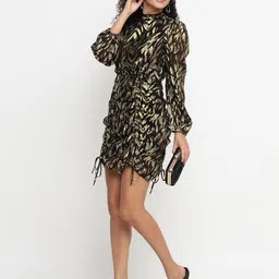 theulluu.com Women Printed Mock Neck Puff Sleeves Ruched Sheath Mini Dress image 5