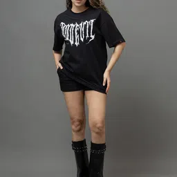 GO DEVIL Women Typography Printed Pockets T-shirt image 2