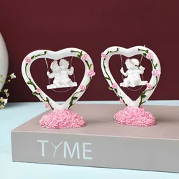TAYHAA Pink And White 2 Pieces Angels on Heart of Roses Figurine Showpiece-picture-11