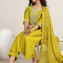 Gerua By Libas Women Floral Yoke Design Kurta with Trousers & Dupatta-picture-40