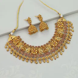 Diksha collection Brass-Plated Stone Studded & Beaded Matte Finish Temple Jewellery Set-picture-40