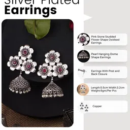 adwitiya collection Adwitiya Silver-Plated Artificial Stones Studded And Beaded Dome Shaped Oxidised Jhumkas image 2