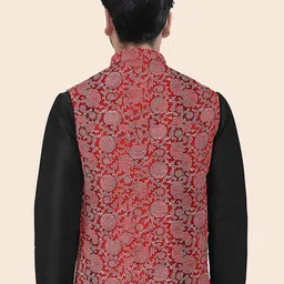 Utsav Fashion Block Printed Art Silk Nehru Jacket in Maroon image 3