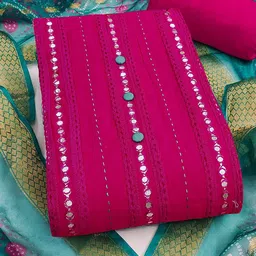 Peachmode Striped Embellished Mirror Work Pure Cotton Unstitched Dress Material image 3