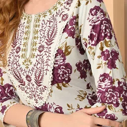 KJFAB Floral Printed Round Neck Straight Thread Work Cotton Kurta image 3