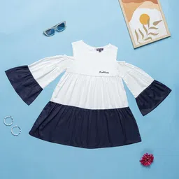 Purple United Kids Girls Colourblocked Round Neck Flared Sleeve Cotton Fit & Flare Dress-picture-36
