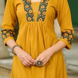 Kaftanize Women Mustard Colour Embellished Yoke With Gather Kurta Set image 5