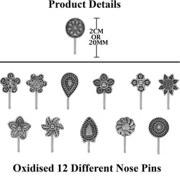 Vama 12 pcs Oxidized Silver Black Nose Pin Nose Pin Pressing Clip on Type Ring Stud image 4