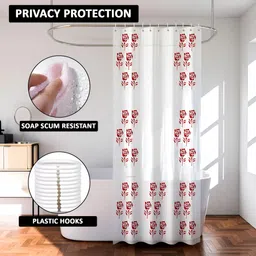 Aura White & Red 2 Pieces Floral Printed Waterproof Shower Curtain With 8 Rings image 2