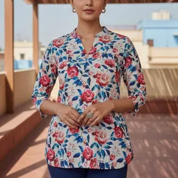 THE FAB FACTORY Floral Print Mandarin Collar Cotton Top-picture-19