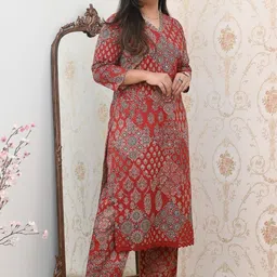 THE JAIPUR STUDIO Women Ethnic Motifs Printed Regular Pure Cotton Kurta with Trousers image 3
