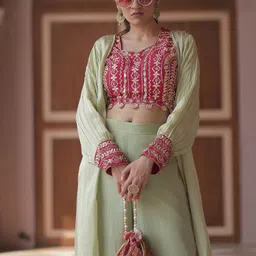 GloballyRonakRBafna Embellished V Neck Top & Ruffled Palazzo With Jacket Co-Ords image 5