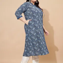 KALINI Plus Size Floral Printed V-Neck Angrakha A-Line Pure Cotton Kurta image 3