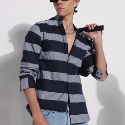SHOWOFF Comfort Slim Fit Horizontal Striped Band Collar Shirt-picture-46