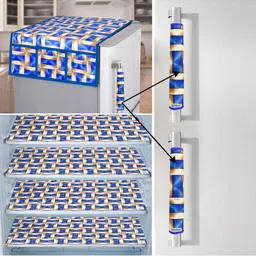 E-Retailer Blue & Brown 7Pc Printed Waterproof 3-Layered Refrigerator Covers With Pockets-picture-34