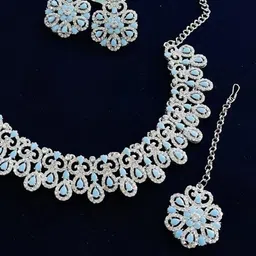 VATSALYA creation Turquoise Blue Rhodium-Plated American Diamond Studded Jwellery Set image 2