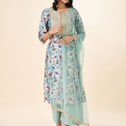 RANGMANCH BY PANTALOONS Floral Embroidered Zari Kurta With Trousers & Dupatta image 1