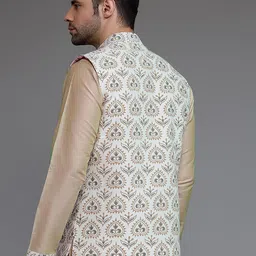 Utsav Fashion Men Off White Digital Printed Cotton Silk Nehru Jacket image 3