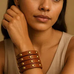 DressBerry set of 4 Gold Plated & round shaped metal stone studded wooden bangles image 3