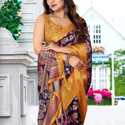 J 6 DESIGNER Floral Printed Silk Cotton Saree With Stitched Blouse image 2