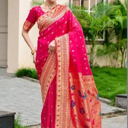 Kalista Woven Design Zari Silk Blend Handloom Paithani Saree-picture-35