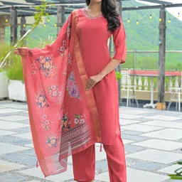 SINGNI Women Floral Yoke Design Silk Kurta with Trousers & Dupatta-picture-41