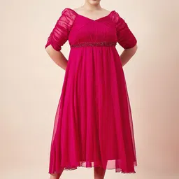 Antheaa Curve Puff Sleeve Chiffon Fit & Flare Midi Dress-image-9