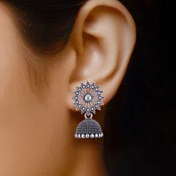 DIVASTRI Set Of 2 Silver-Plated Stone Studded & Beaded Peacock Shaped Oxidised Jhumkas image 2