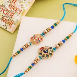 NVR Men Set Of 2 Blue Artificial Stones Thread Rakhi with Roli Chawal Chandan & Mishri-picture-12