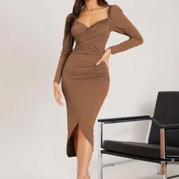 KPOP Women Solid Sweetheart Neck Puff Sleeve Bodycon Midi Dress-image-27