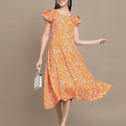Maheshvi Women Floral Print Flutter Sleeve Crepe Fit & Flare Midi Dress-picture-29